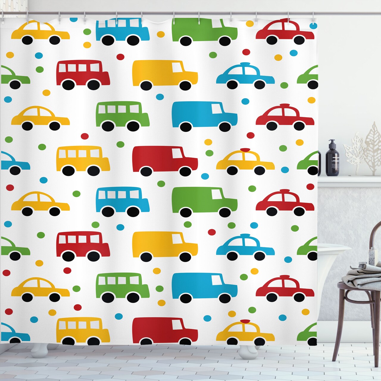 Ambesonne Cars Shower Curtain, Vivid Colored Silhouettes of Transportation Vehicles Bus Taxi Automobile Pattern, Cloth Fabric Bathroom Decor Set with Hooks, 69" W x 70" L, Orange Green Blue